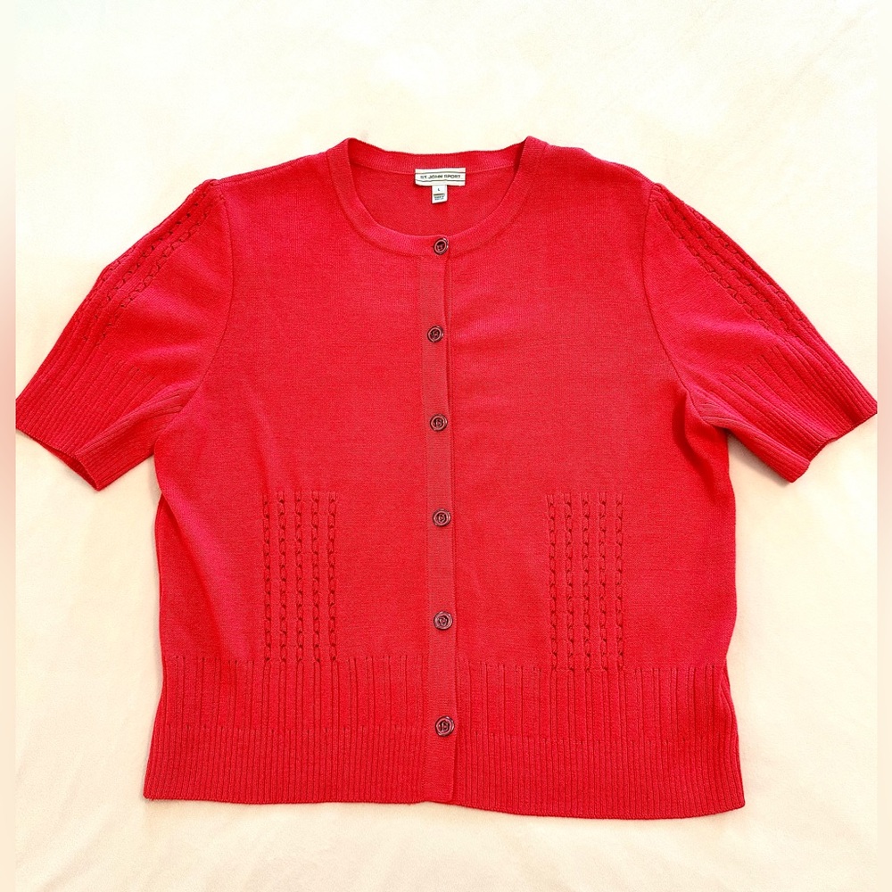 St. John Sport Womens Size Large Coral Short Sleeve Wool Blend Cardigan Sweater